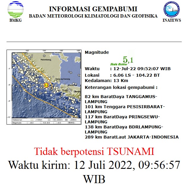 Gempa Bumi Magnitudo 5,1 Terasa di Tanggamus, BMKG: Tidak Berpotensi Tsunami