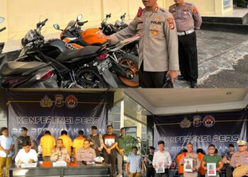 Konferensi Pers Polres Way Kanan Dalam Sepekan Ringkus 3 Pelaku dan Sita 15 Sepeda Motor