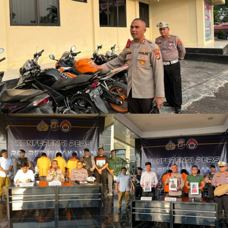 Konferensi Pers Polres Way Kanan Dalam Sepekan Ringkus 3 Pelaku dan Sita 15 Sepeda Motor