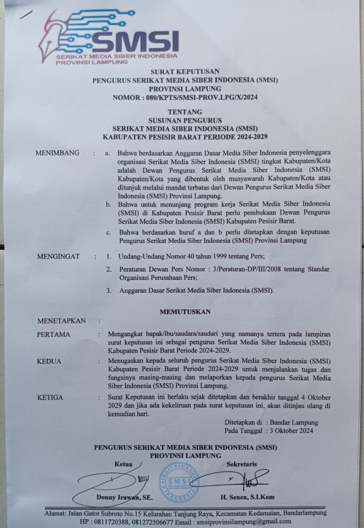 Ananda Yosan Perdana Terima SK Kepengurusan SMSI Pesisir Barat Periode 2024-2029