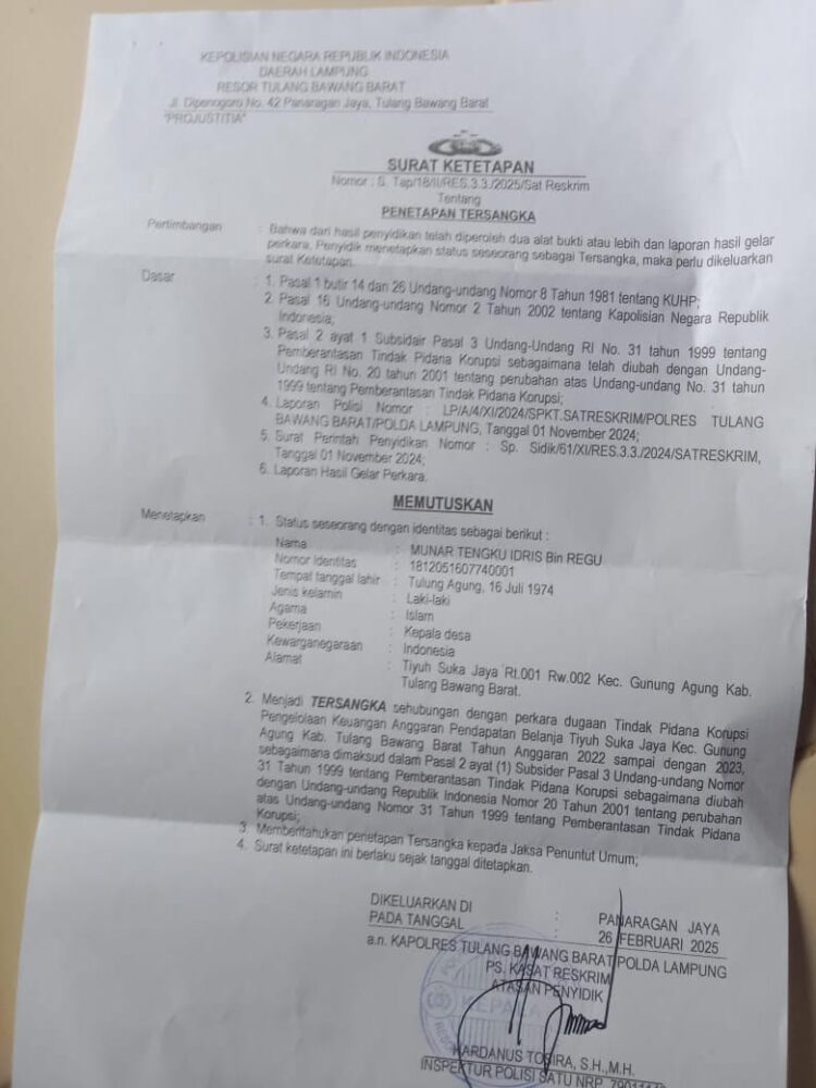 Diduga Gelapkan Pengelolaan APBT 2022-2023 Oknum Kati Suka Jaya Ditetapkan Tersangka