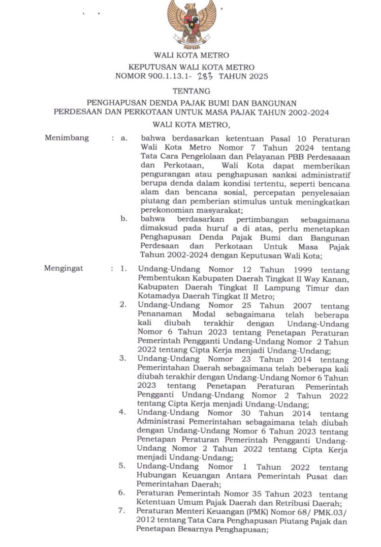 Nunggak PBB-P2 Tahun 2002 hingga 2024, Warga Metro Bebas Bayar Tanpa Denda