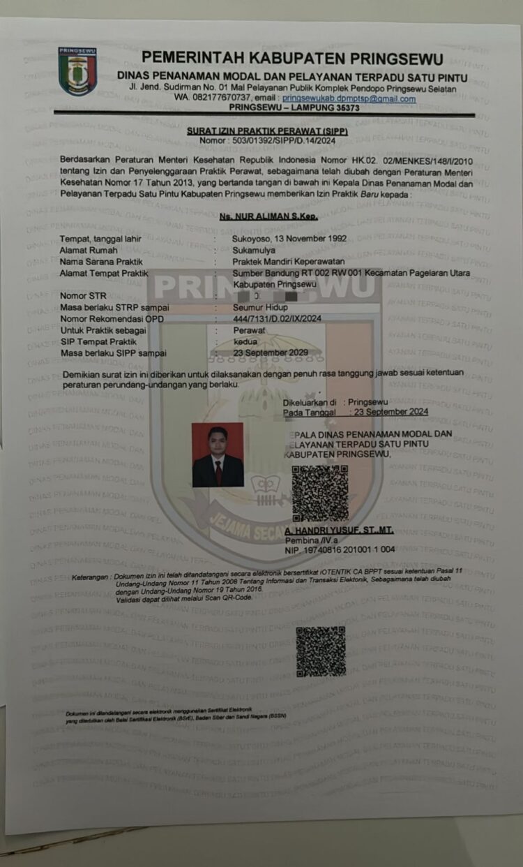 Ns.Nur Aliman S.kep Benar Mempunyai Surat Ijin Praktik Perawat (SIPP)