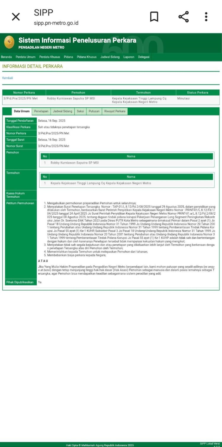 Permohonan Praperadilan Dikabulkan, Penetapan Mantan Kepala DPUTR Metro Dinyatakan Batal