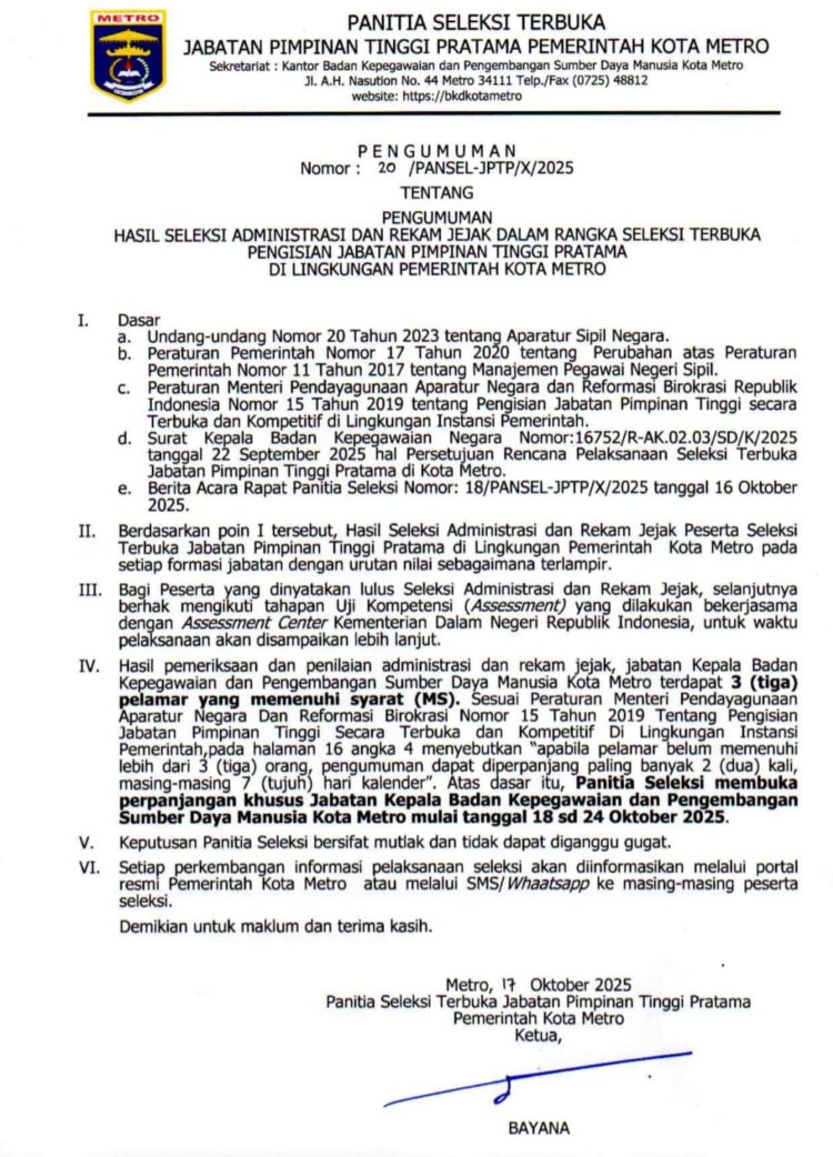 Selter JPTP Kepala BKPSDM Metro Bakal Diperpanjang?