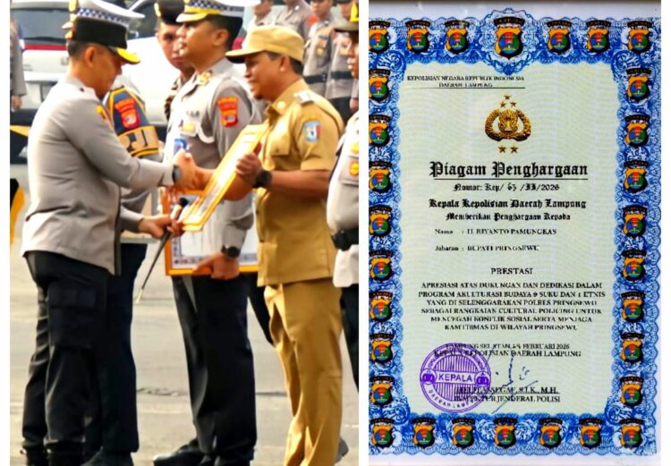 Bupati Pringsewu Raih Penghargaan Kapolda Lampung atas Dukungan Program Cultural Policing