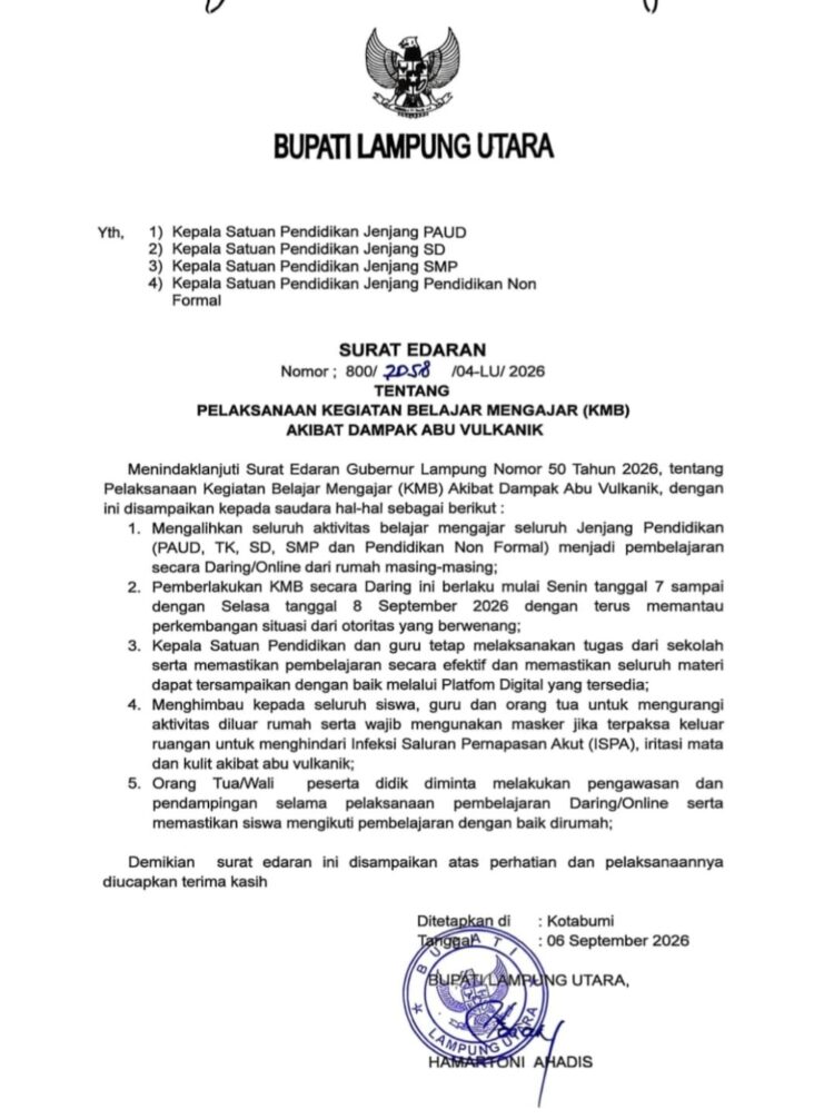 Dampak Abu Vulkanik Bupati Lampura Keluarkan SE Libur Sekolah